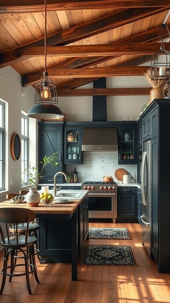 A rustic black kitchen featuring wooden beams, black cabinetry, and a central island with a wooden countertop.