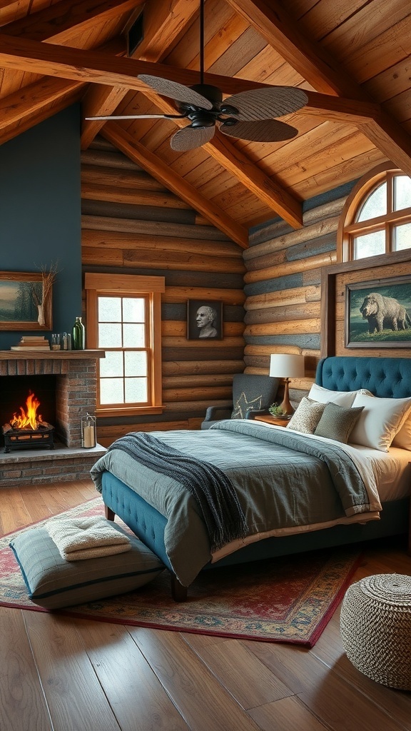 A rustic blue bedroom in a cabin with wooden beams, a cozy bed, and a fireplace.