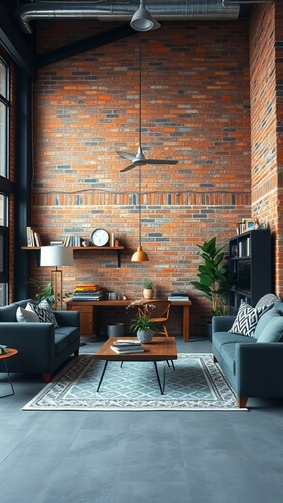 A cozy living area with a rustic brick accent wall, modern furniture, and plants.