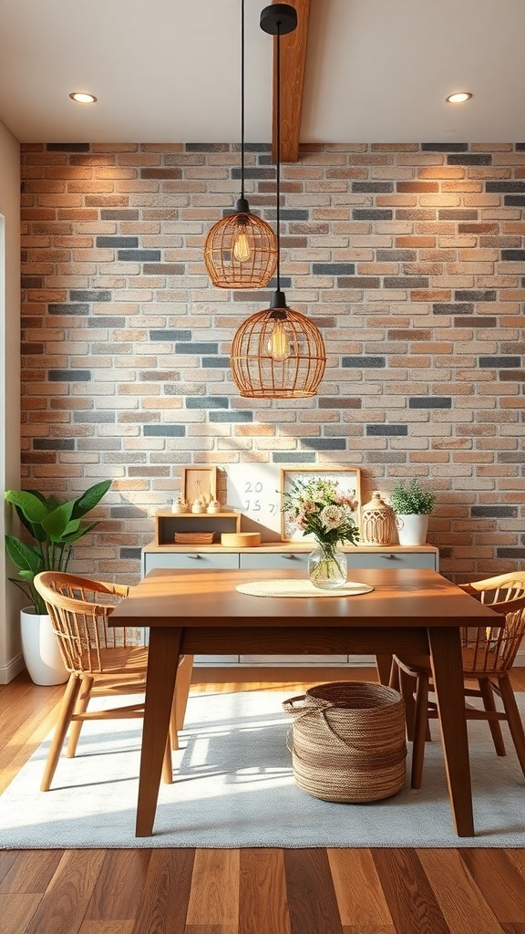 A cozy dining room featuring a rustic brick wall, wooden furniture, and warm lighting.