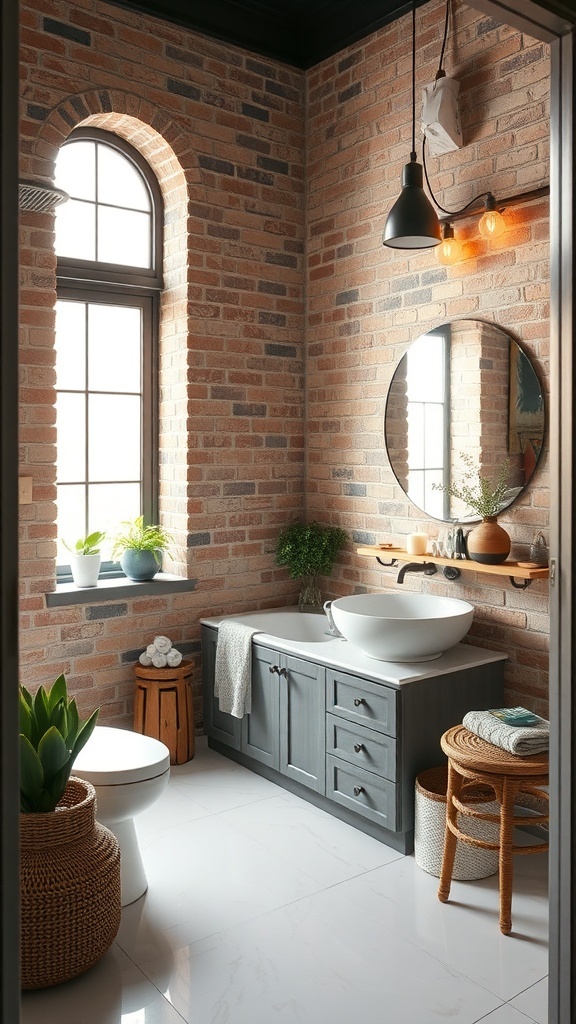 A cozy bathroom featuring rustic brick walls, a round mirror, and modern fixtures.