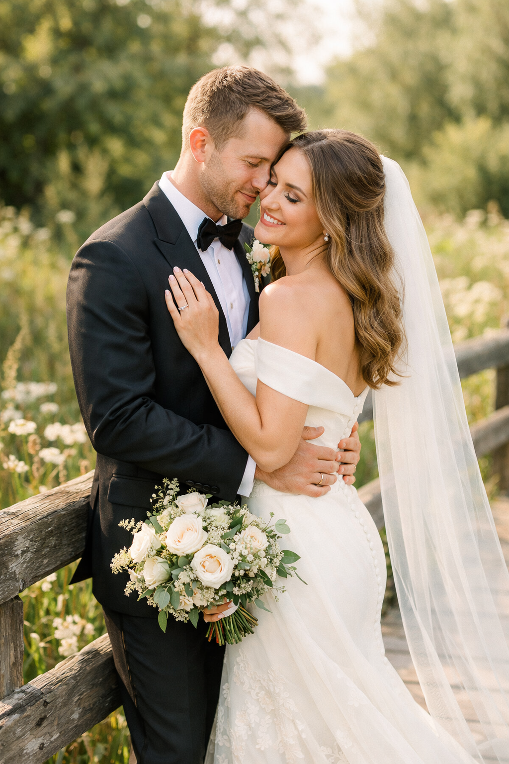 A couple embracing on a rustic bridge surrounded by greenery, celebrating their engagement.
