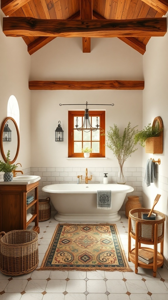 A rustic bathroom featuring brown wooden beams, cream walls, and natural decor elements.