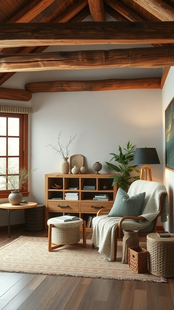 Cozy reading corner in a rustic cabin with wooden beams, an armchair, and decorative elements.