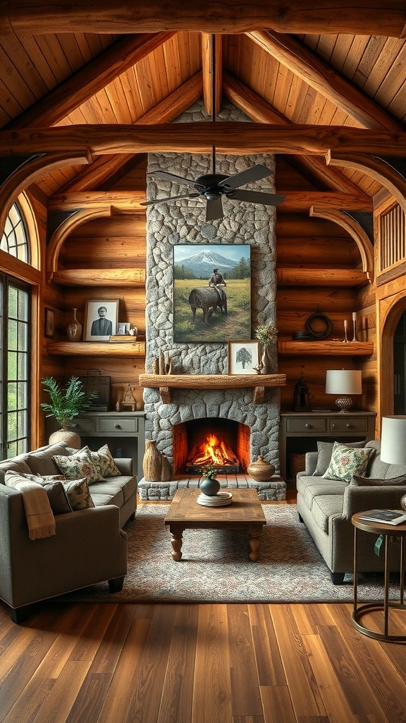 A cozy rustic cabin living room featuring a stone fireplace, wooden beams, and comfortable sofas.