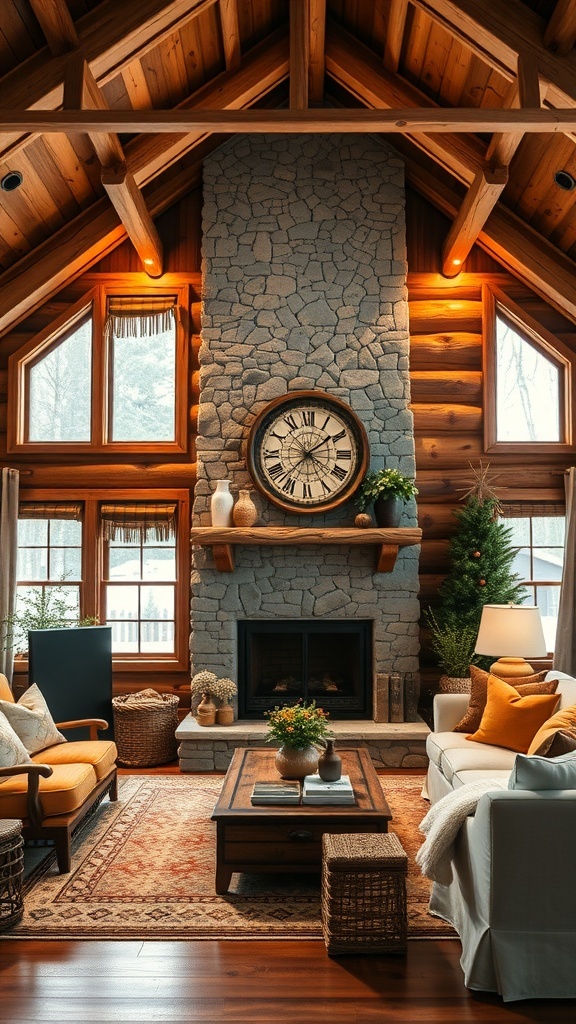 Cozy rustic cabin interior with wooden beams, stone fireplace, and comfortable seating.