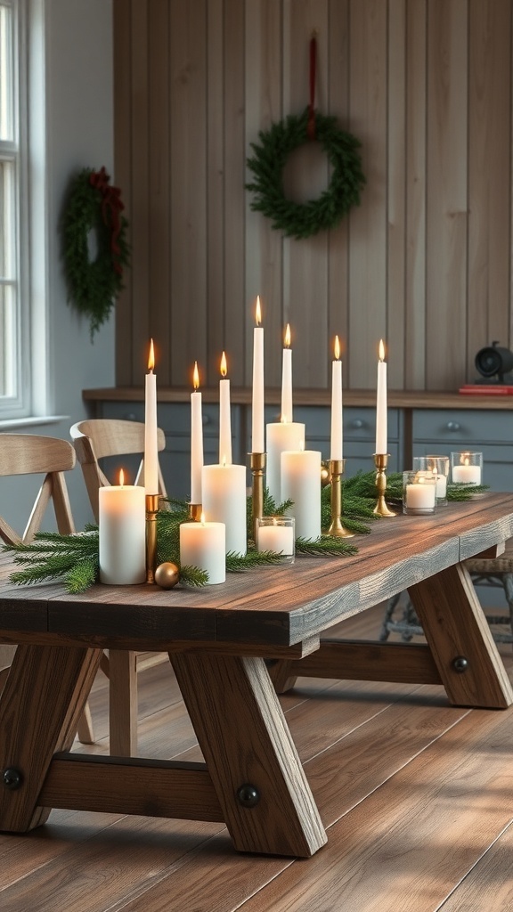 A rustic table with various candles and greenery, creating a cozy winter decor.