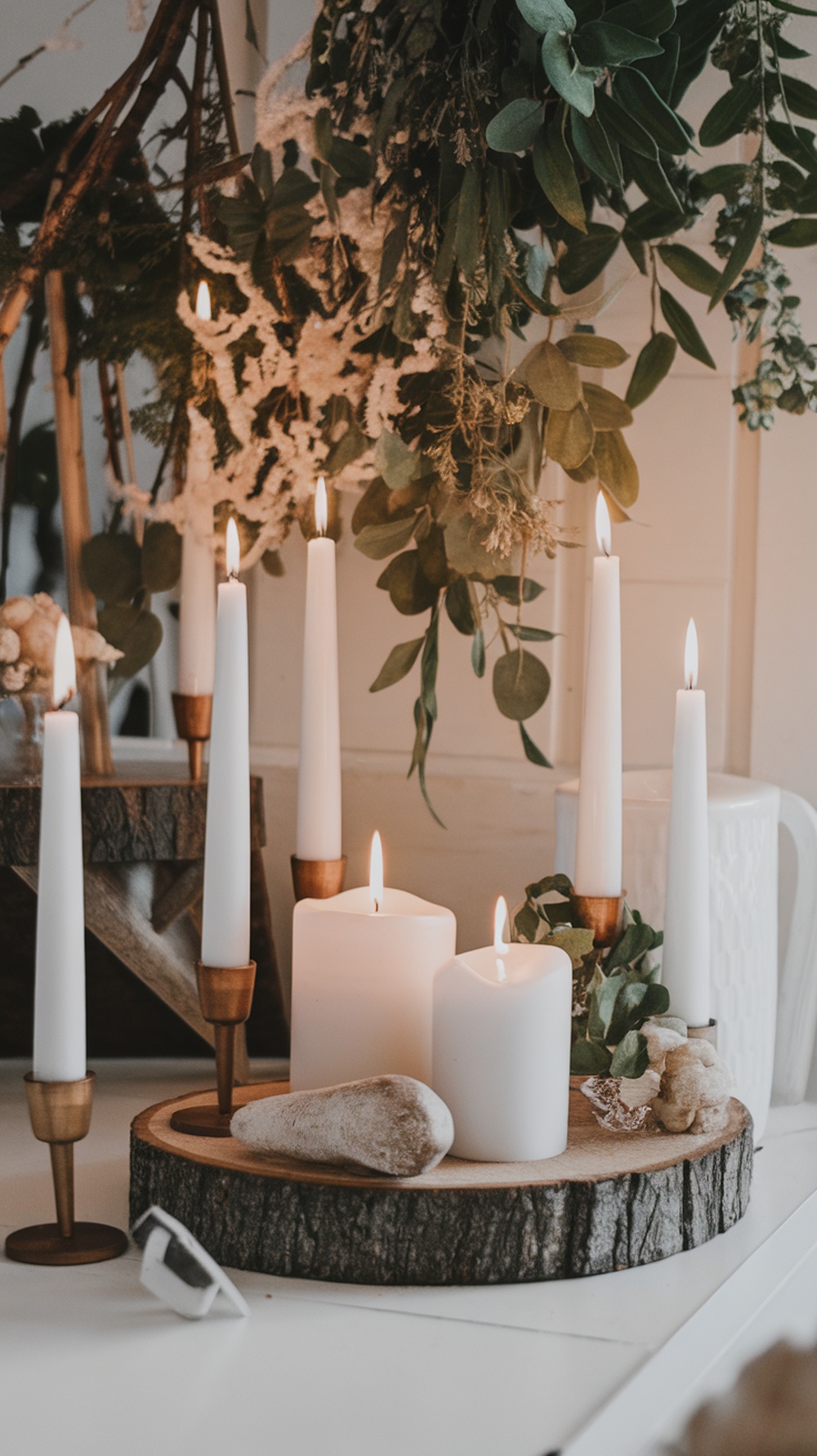 A rustic candle display featuring white candles on a wooden base with natural elements.