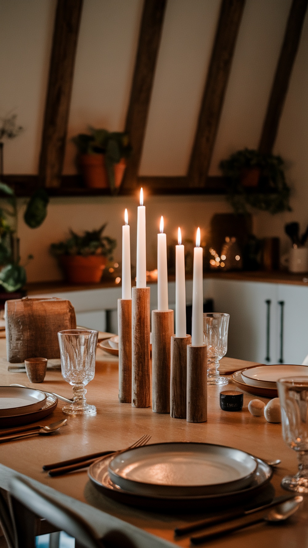 A rustic table setting featuring wooden candle holders with white candles, elegant glassware, and simple plates.