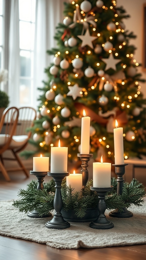 A cozy holiday scene featuring rustic candle holders with white candles surrounded by greenery, set against a decorated Christmas tree.