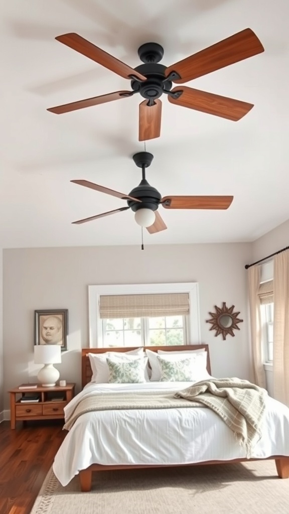 A rustic farmhouse bedroom featuring two ceiling fans with wooden blades.