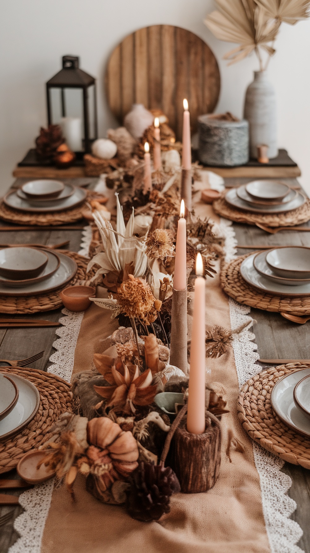 A rustic Thanksgiving table centerpiece featuring dried flowers, candles, and pumpkins.