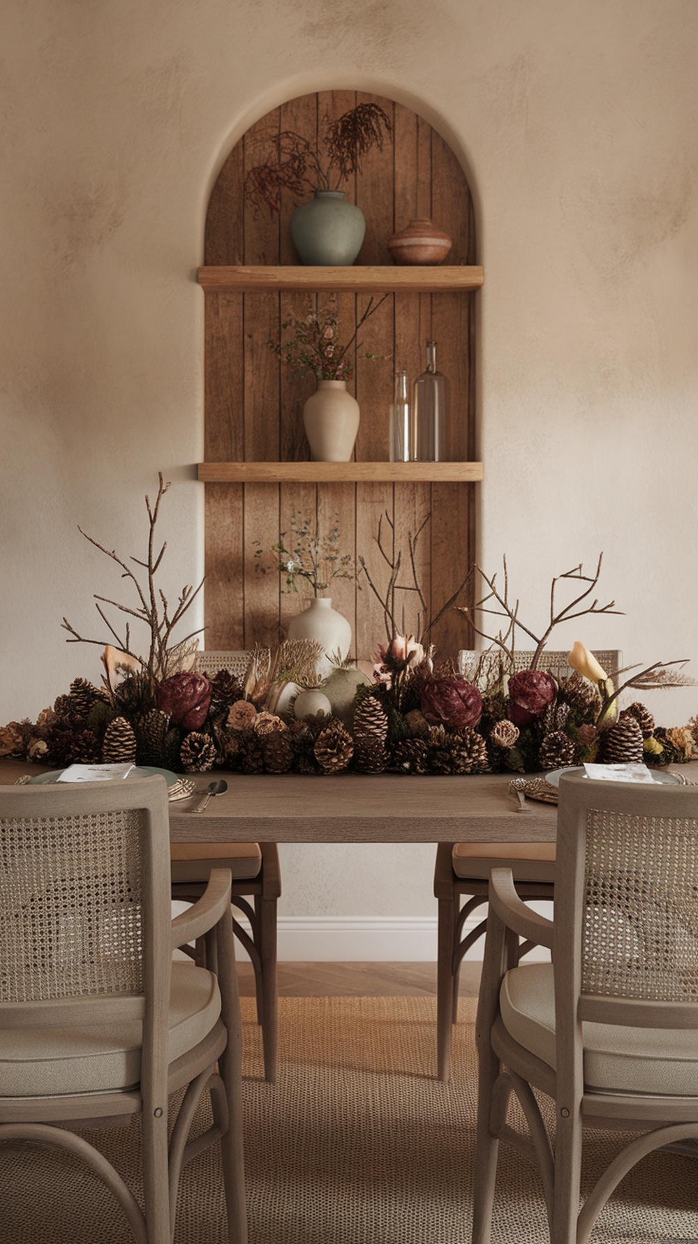 A rustic table centerpiece featuring pinecones, dried flowers, and twigs, set against a wooden backdrop with vases.