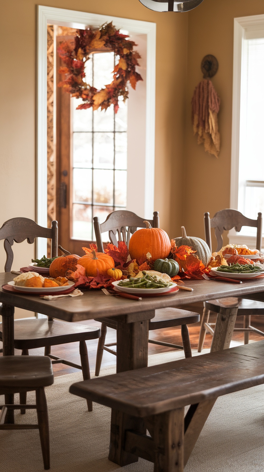 A rustic Thanksgiving table setting with wooden chairs and a bench, decorated with pumpkins and autumn leaves.