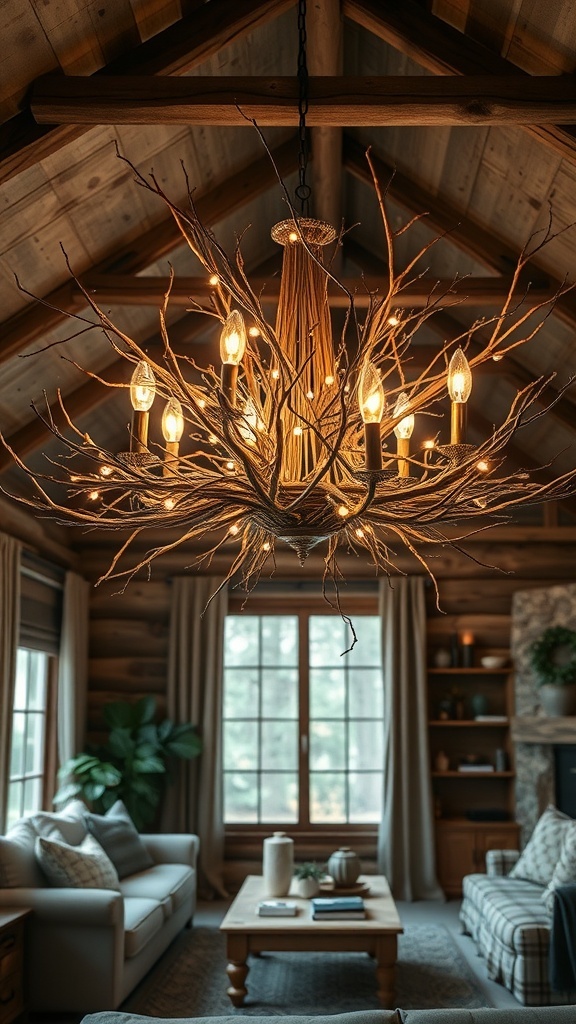 A rustic chandelier made of branches with warm lights, hanging in a cozy living room.