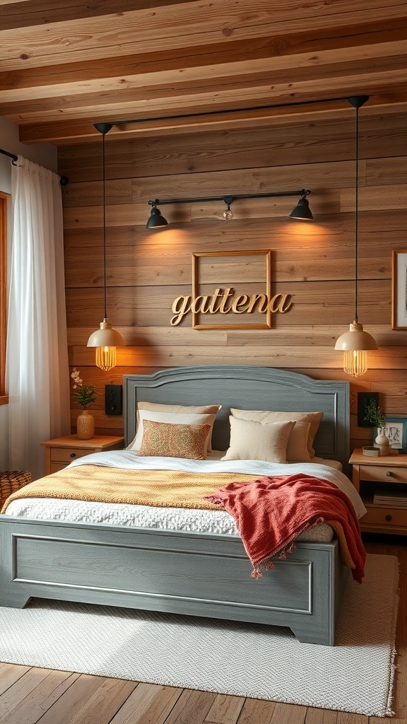 A cozy bedroom featuring a grey bed frame, wooden walls, and warm lighting.