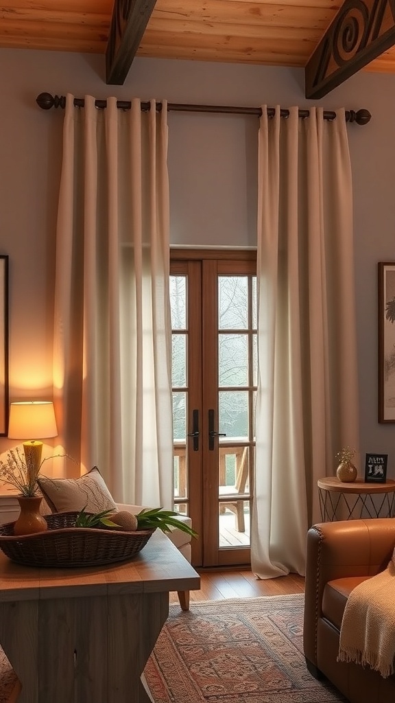 A cozy living room with double curtain rods and soft curtains framing a wooden door.