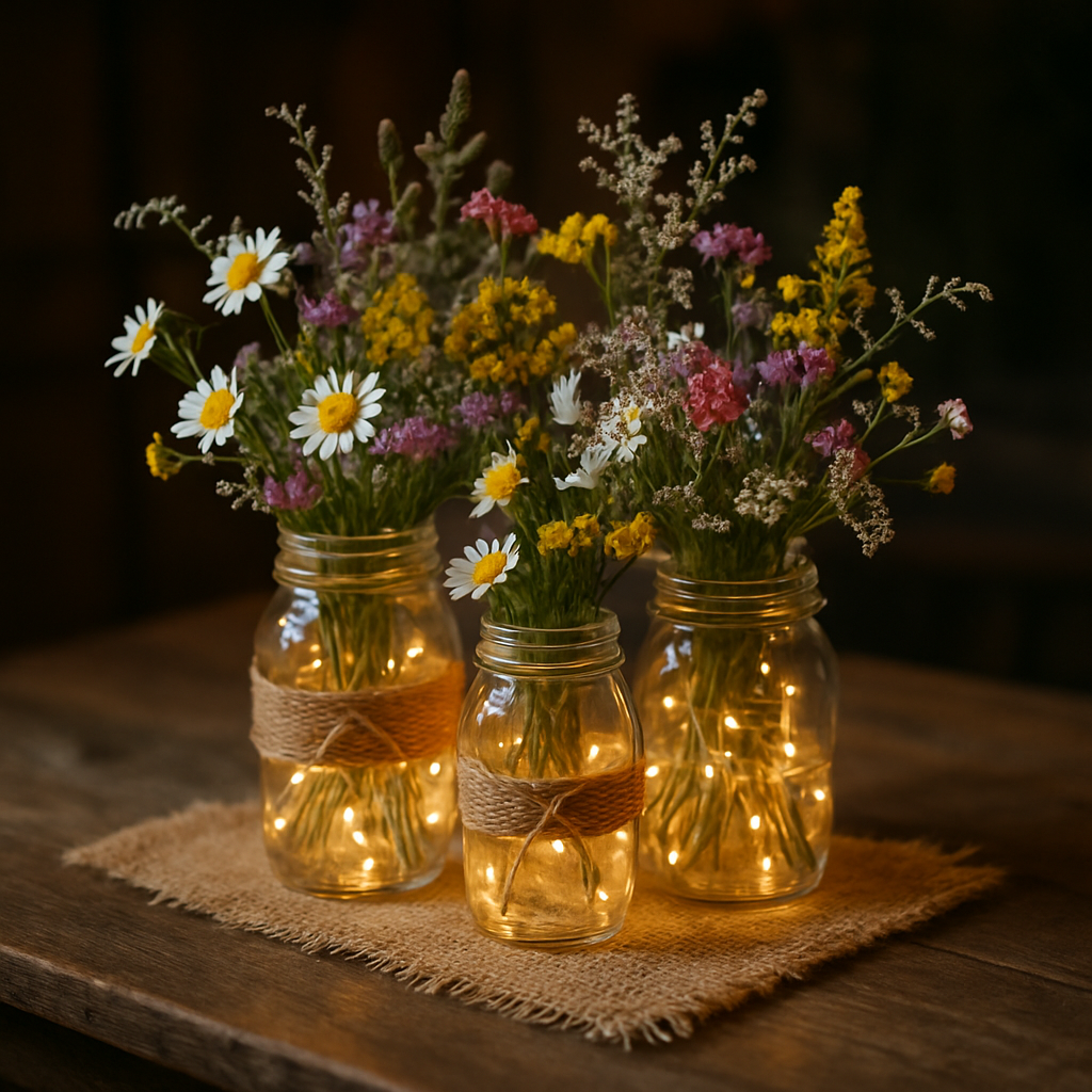Three mason jars filled with wildflowers and fairy lights on a wooden table
