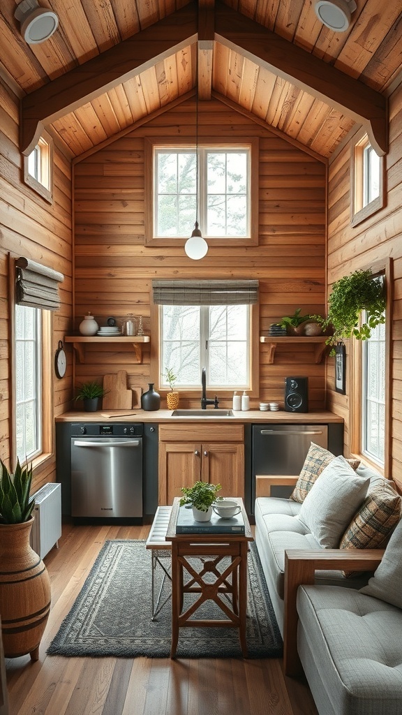 Interior of a tiny cabin showcasing wooden walls, modern kitchen appliances, and a cozy living area.