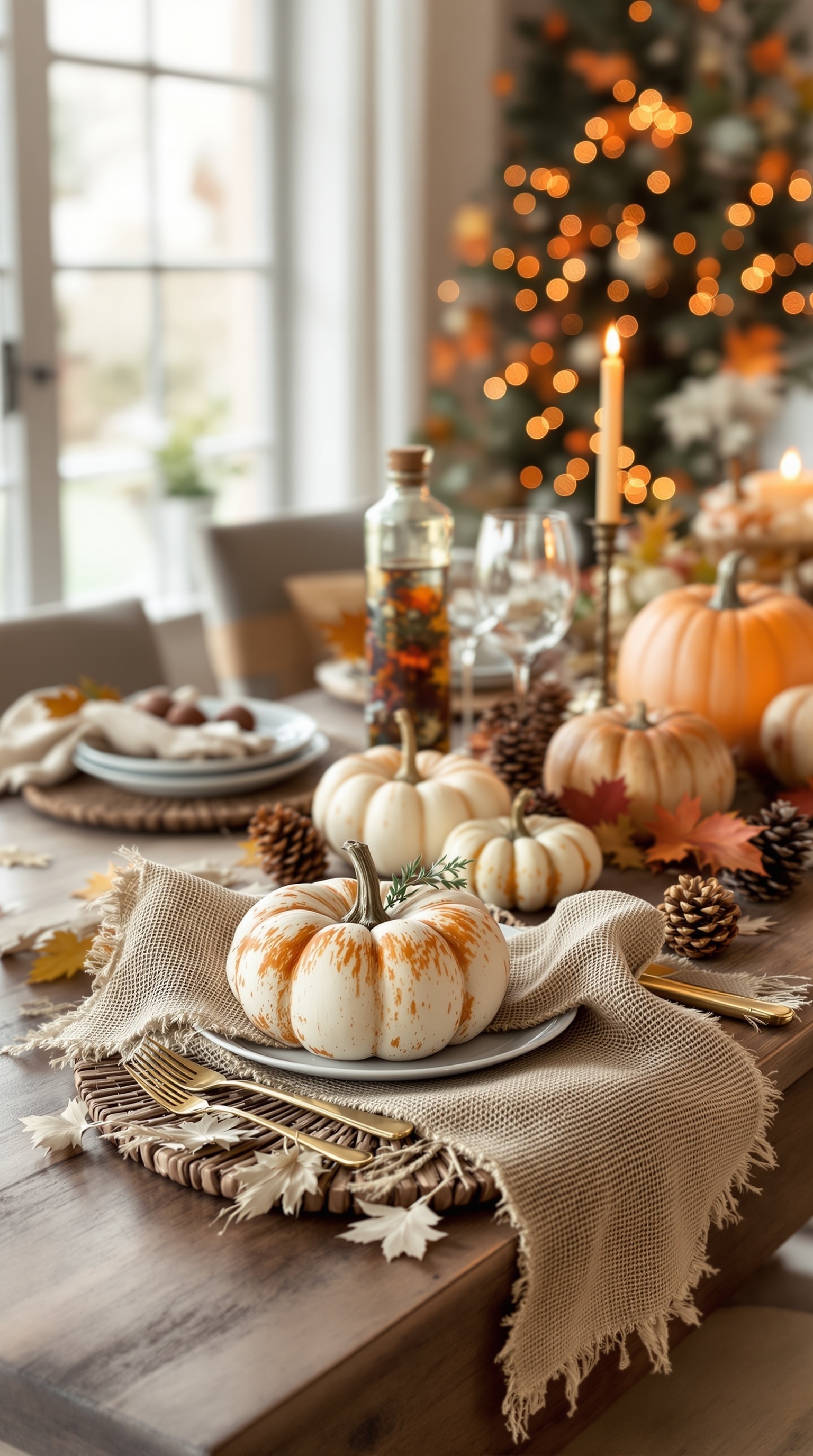 A rustic Thanksgiving table setting with pumpkins, pinecones, and autumn leaves.