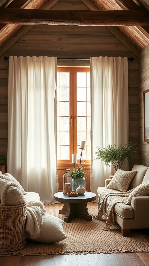 Cozy living room with natural fabric curtains, wooden walls, and comfortable furniture.