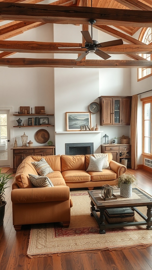 A cozy living room featuring a tan couch, wooden beams, and rustic decor.