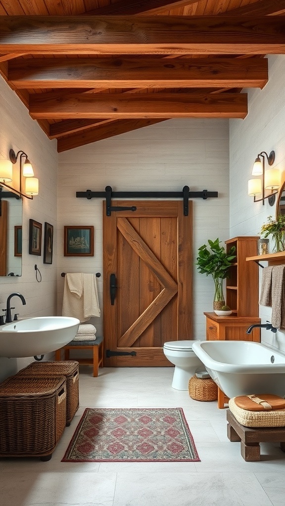 A rustic basement bathroom featuring wooden accents, a sliding barn door, and cozy decor.
