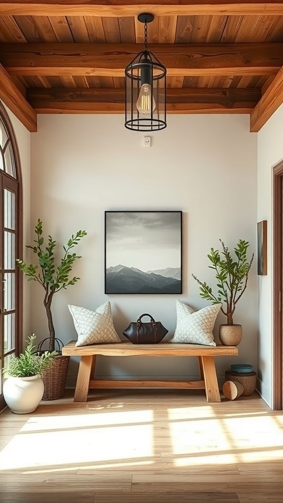 A rustic foyer featuring a wooden bench, soft pillows, plants, and a warm light fixture.