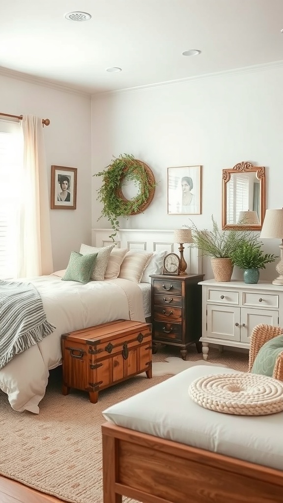 A cozy shabby chic bedroom featuring a rustic wooden chest at the foot of the bed, soft bedding, and light decor.