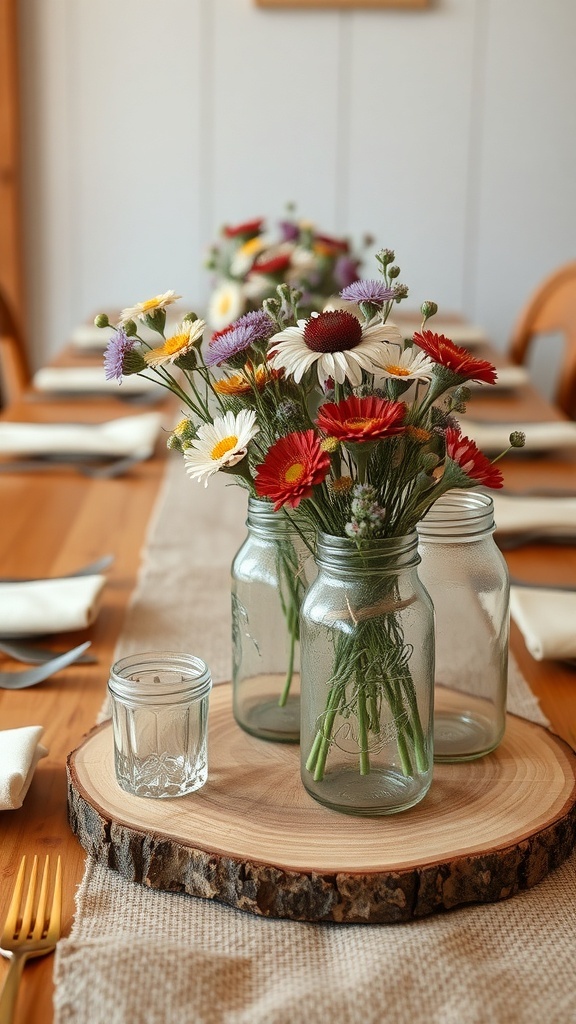 A table decorated with wooden accents, featuring glass jars of flowers on a wooden slice.