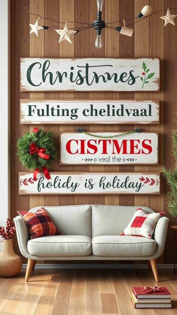 A collection of rustic Christmas signs displayed on a wooden wall, featuring festive phrases and decorations.