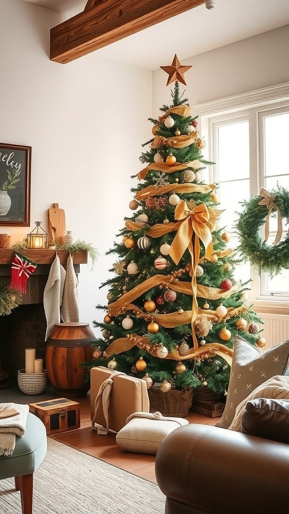 A beautifully decorated rustic Christmas tree with golden ribbons and ornaments, surrounded by cozy decor.