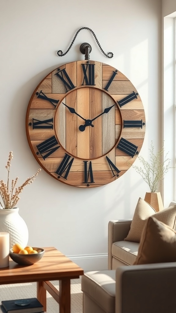 A large rustic wooden clock with Roman numerals hanging on a wall in a cozy living room setting.