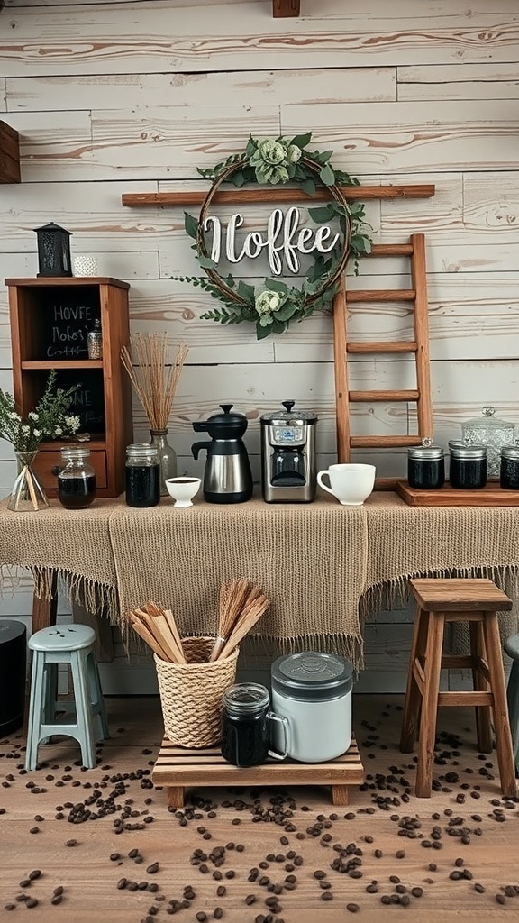 A rustic coffee bar setup with wooden decor, burlap tablecloth, and coffee brewing equipment.