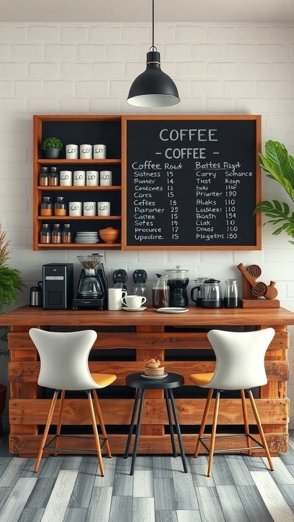 Rustic coffee bar made from pallet wood with chalkboard menu and stylish chairs