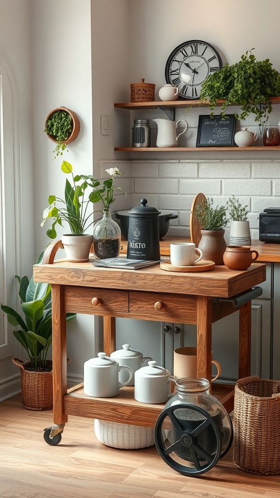 A rustic wooden coffee cart with mugs, a coffee canister, and plants, set in a cozy kitchen.