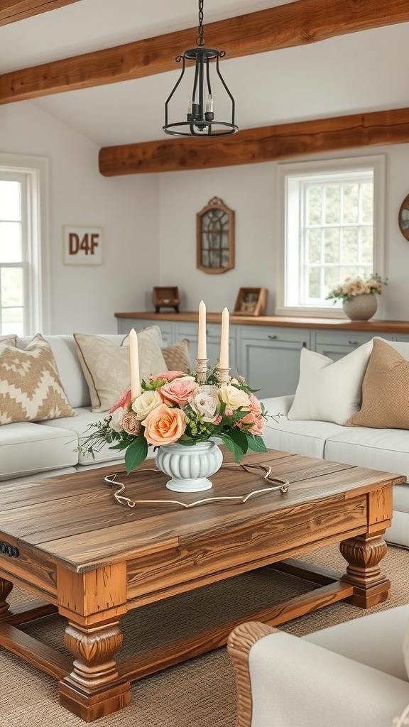 A rustic coffee table with a floral centerpiece and candles in a cozy cottage living room