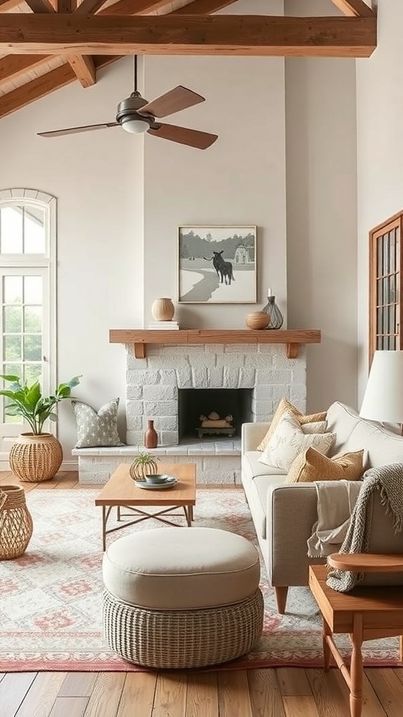 Cozy living room with rustic decor featuring beige walls, wooden beams, and natural elements.
