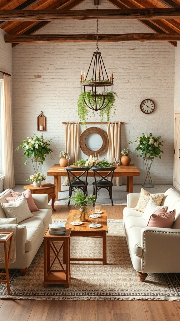 A cozy rustic interior with wooden beams, soft furnishings, and greenery, perfect for a wedding setting.