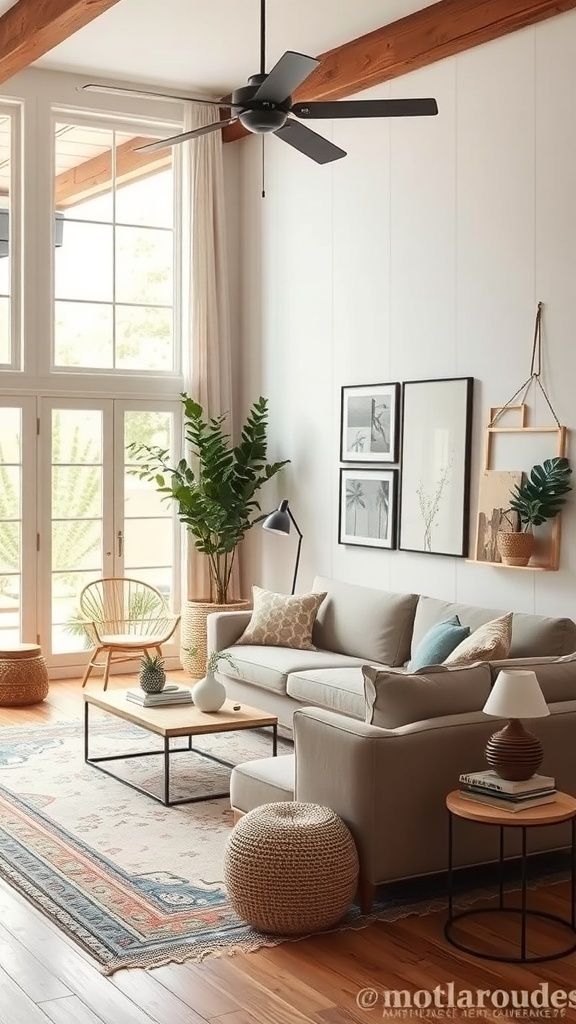 A cozy living room featuring rustic design elements with wooden beams, neutral furniture, and plants.
