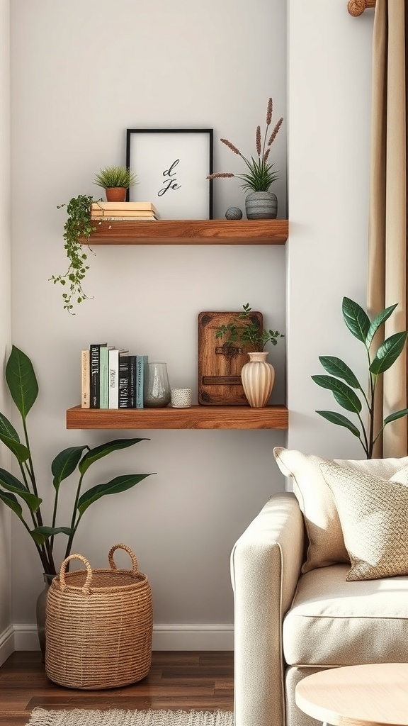 Rustic corner shelves made of reclaimed wood with plants and books