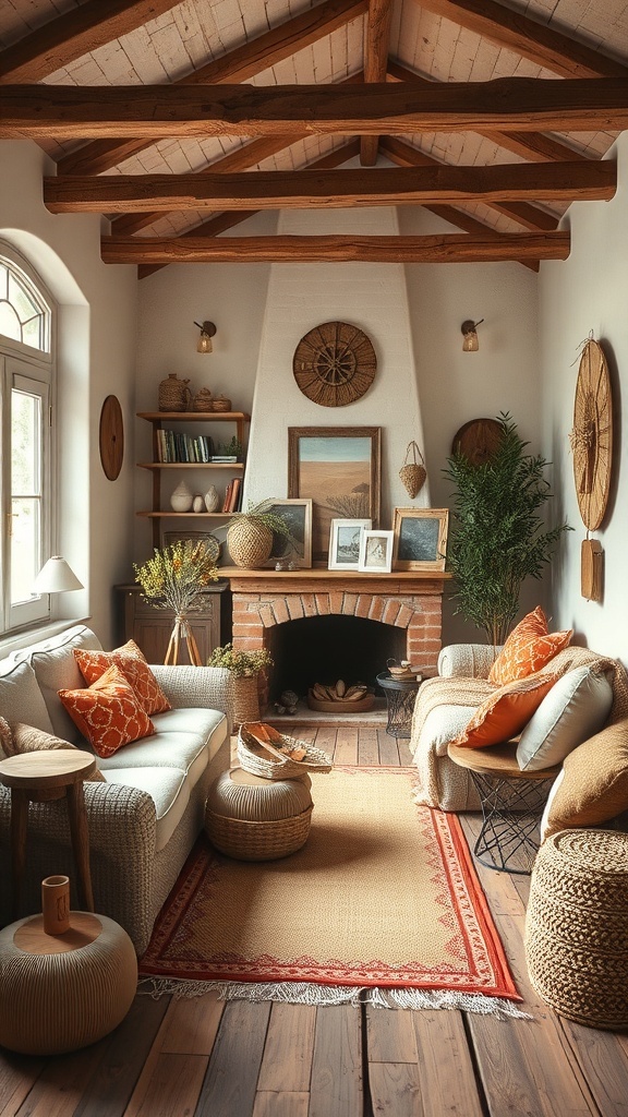 Cozy rustic cottage living room with wooden beams, a brick fireplace, and comfortable furniture.