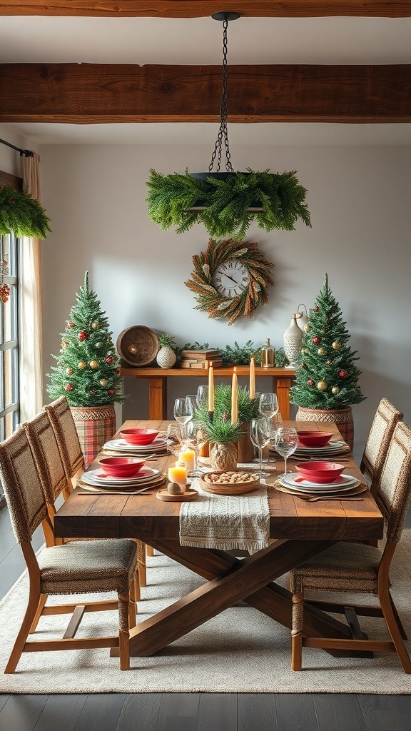 A rustic dining table set for Christmas with red plates, evergreen decorations, and candlelight.