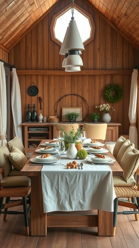 A rustic dining area in a cabin with a wooden table set for a meal, featuring elegant plates and glasses, surrounded by cozy chairs.