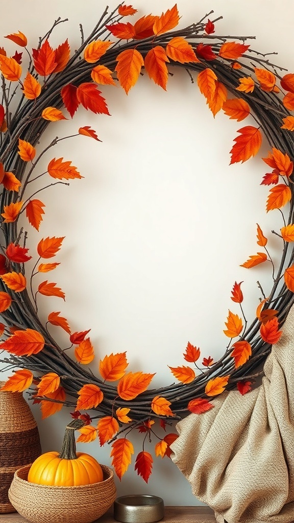 A rustic wreath made of twigs and colorful fall leaves, with a small pumpkin and fabric nearby.