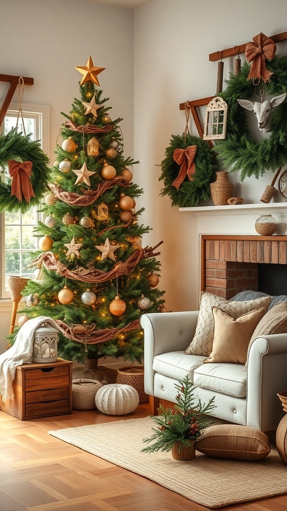 A cozy living room with a decorated Christmas tree, rustic farm tools, and natural elements.
