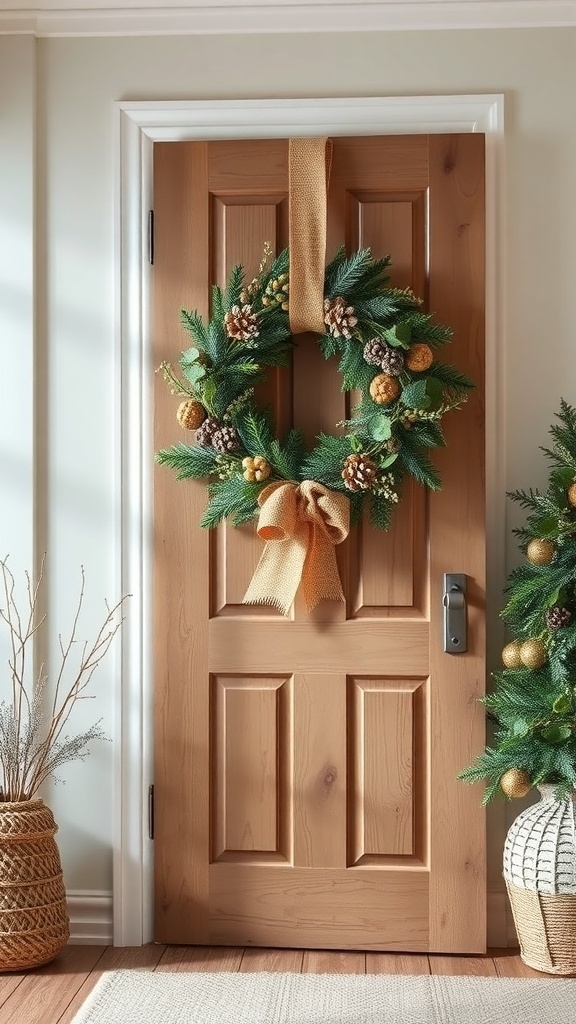 A rustic winter wreath on a wooden door, featuring pinecones and a soft ribbon.