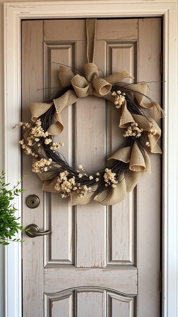 A rustic winter wreath made of burlap and delicate flowers, hanging on a wooden door.