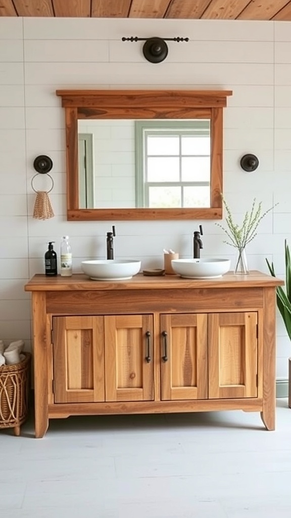 A rustic bathroom vanity made of wood with two round sinks and a large mirror.