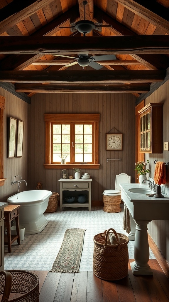 A rustic farmhouse bathroom featuring wooden beams, a freestanding tub, and natural light.